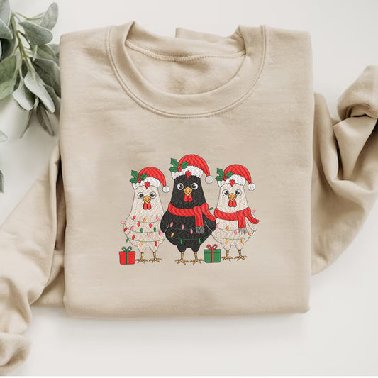 Funny Chicken Embroidery Sweatshirt, Holiday Christmas Embroidery