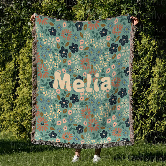 Personalized Green Painted Floral Woven Blanket, Fan Gift Woven Blanket, Hippie Floral Blanket