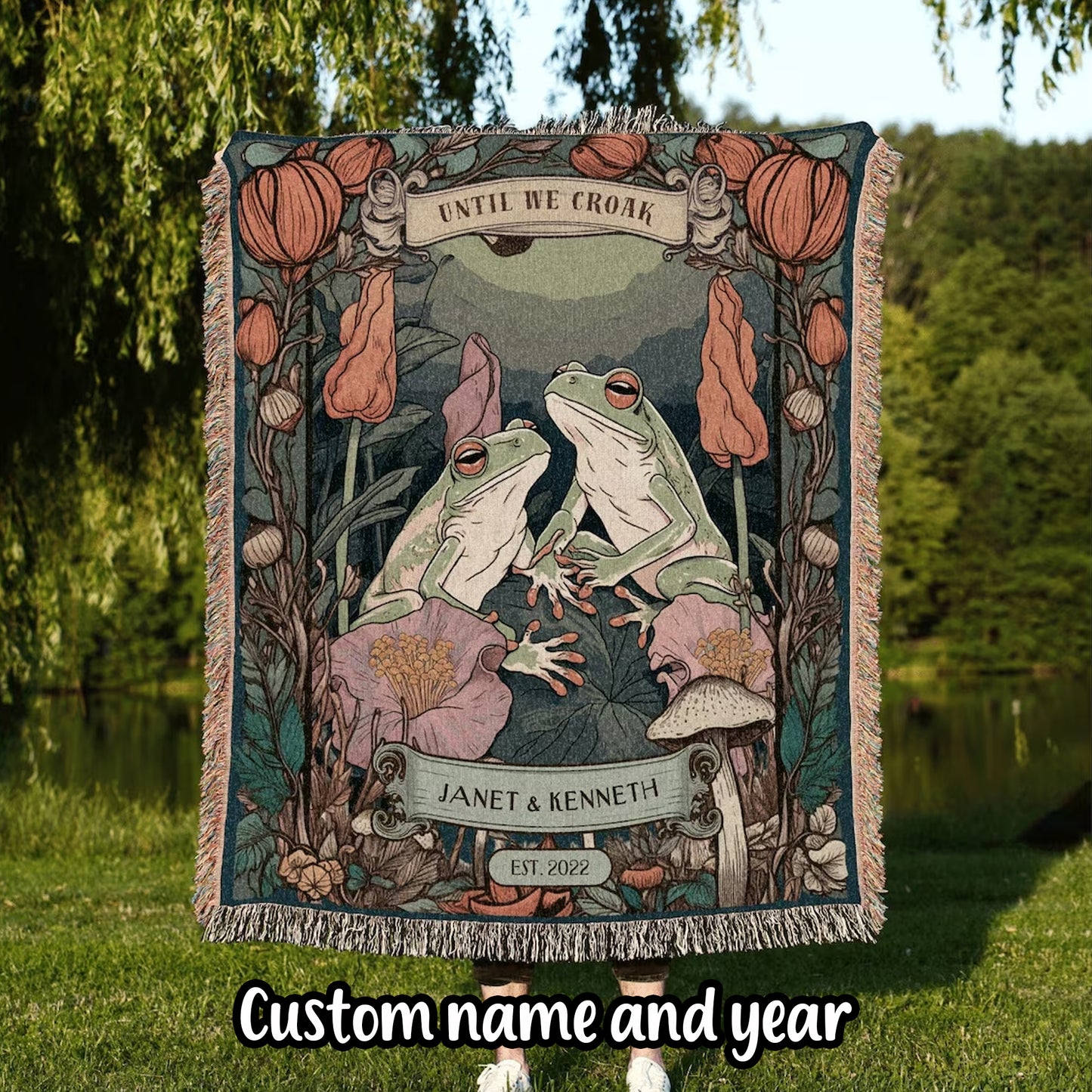 Frog Couple Tapestry | Personalized Anniversary Gift Custom Name Tapestry Woodland Blanket Woven