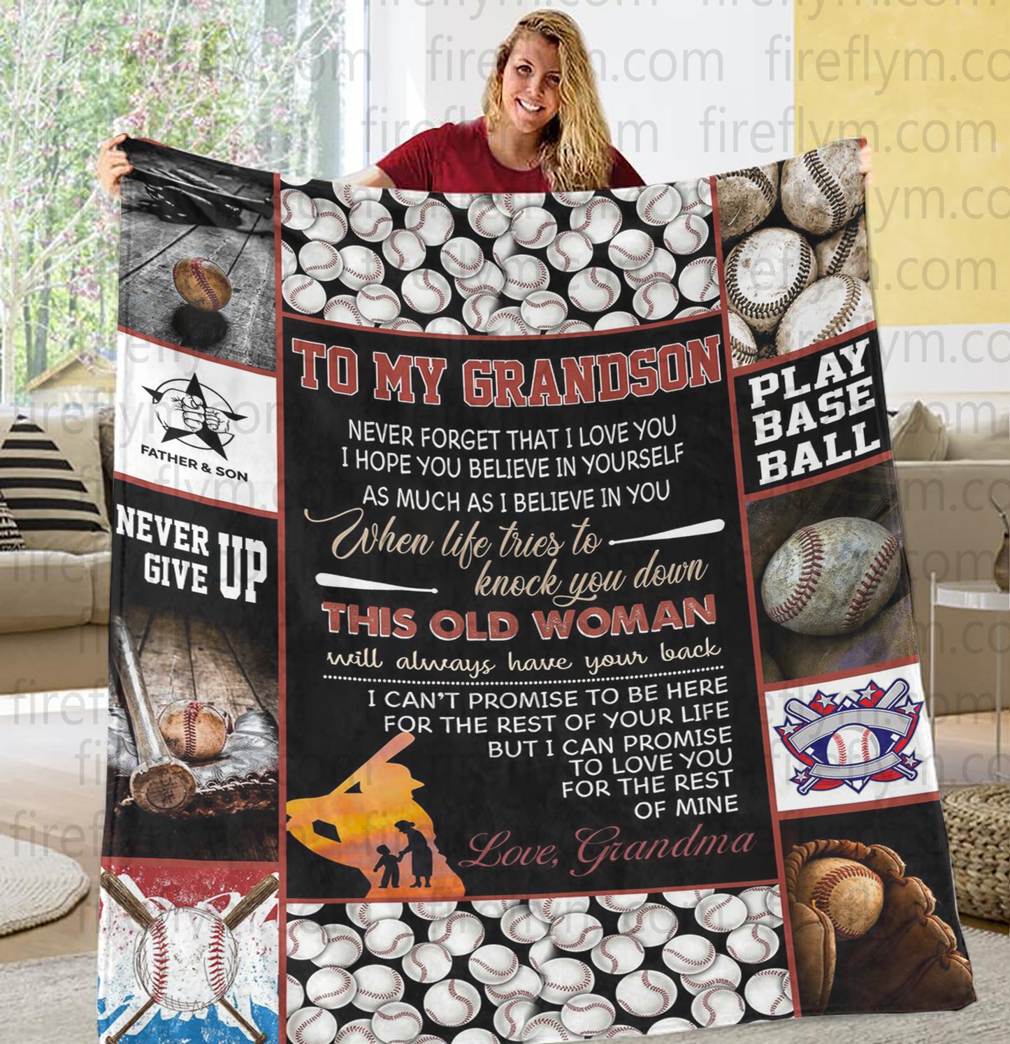 Personalized Baseball Blanket Grandma To Grandson This Old Woman