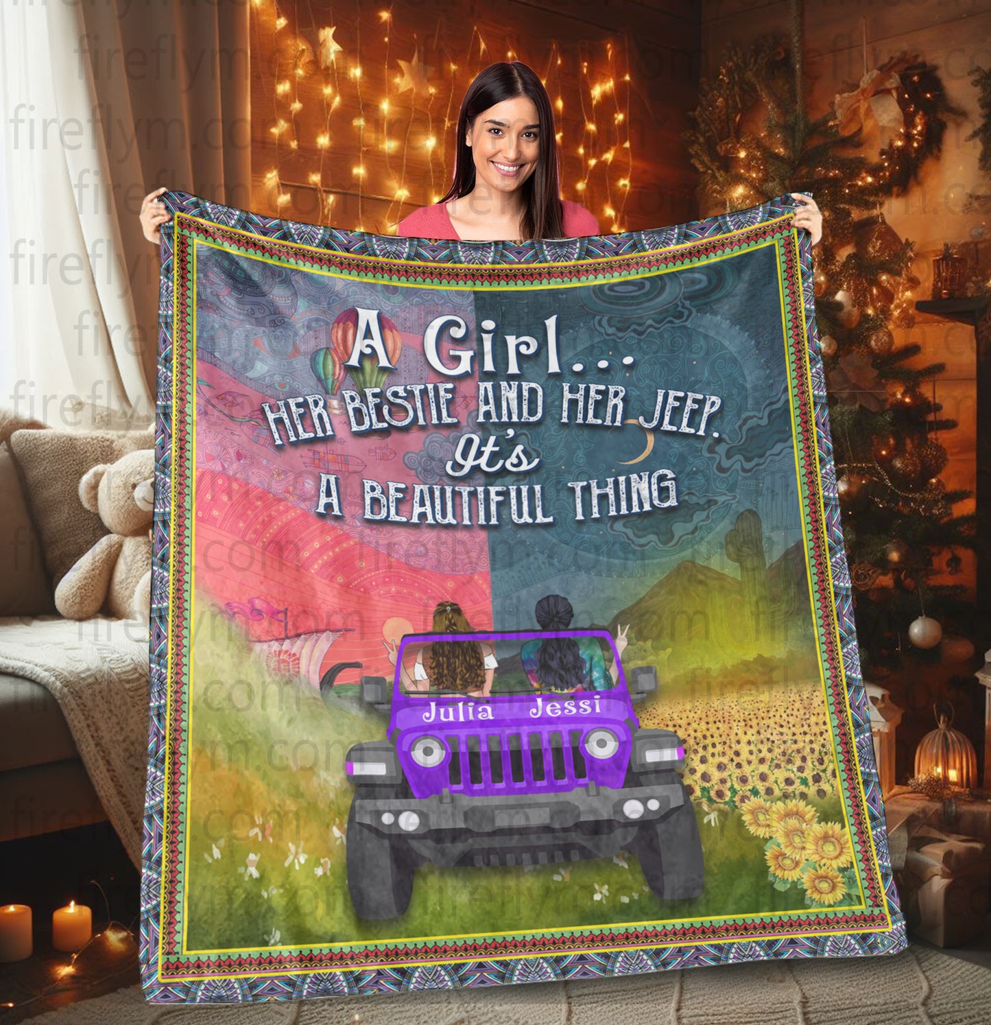 Personalized A Girl Her Bestie Her Jeep It's A Beautiful Thing Quilt Fleece Blanket