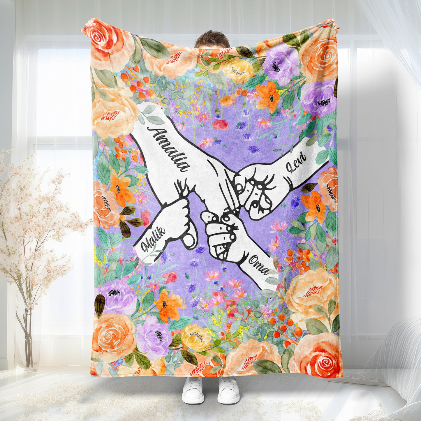 Custom Holding Mom's Hand Blanket, Personalized Moms Garden Flower Blanket with Kid Names, Mothers Day Gift, Grandma Gift,Anniversary Family