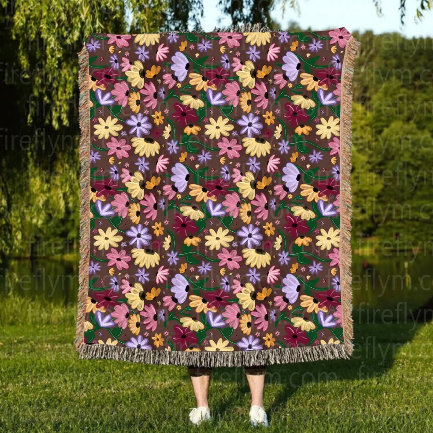 Personalized Painted Floral Woven Blanket, Fan Gift Woven Blanket, Hippie Floral Blanket