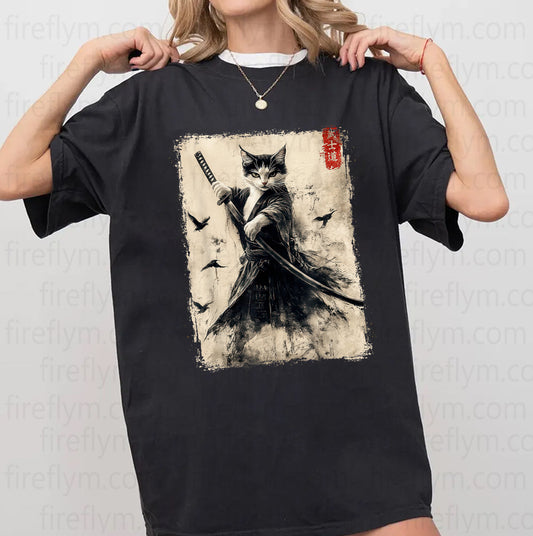 Vintage Samurai Cat Graphic Japanese Anime T-Shirt