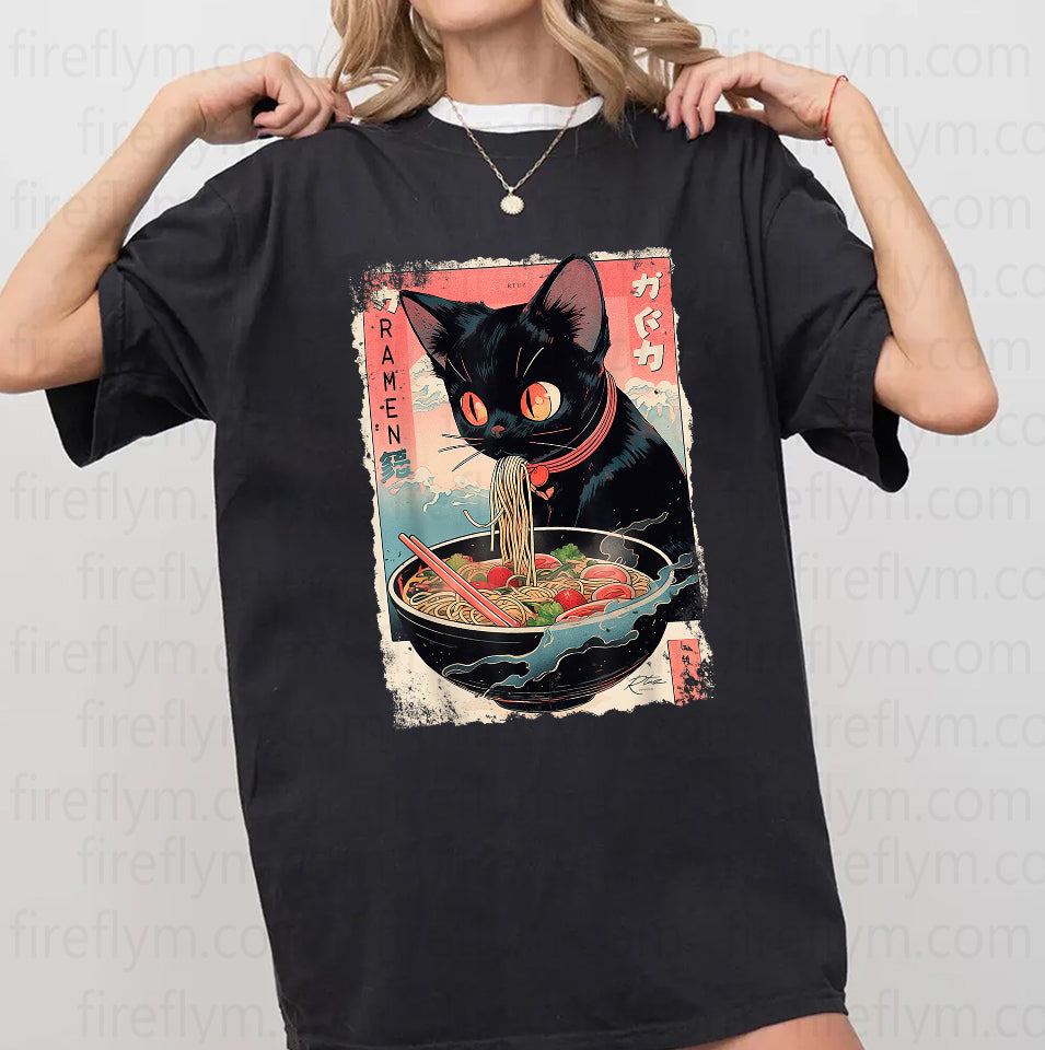 Funny Cat Ramen Graphic Tee – Kawaii Anime Style T-Shirt