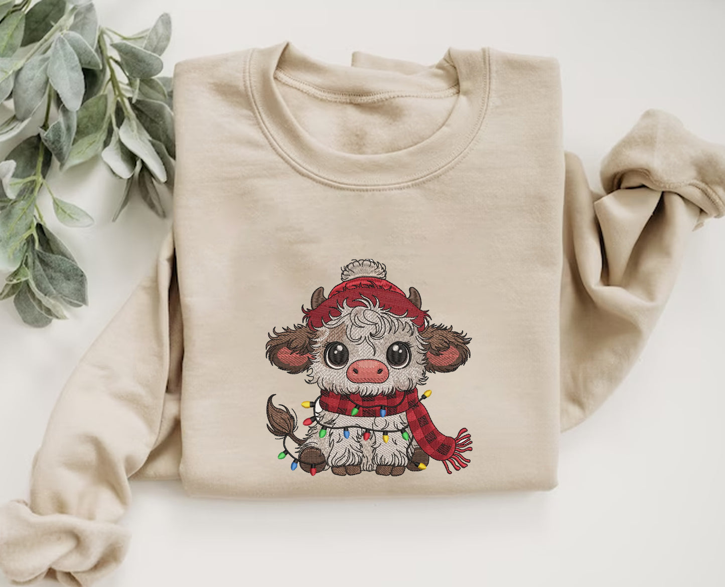 Christmas Highland Cow Embroidery Sweatshirt, Holiday Christmas Embroidery