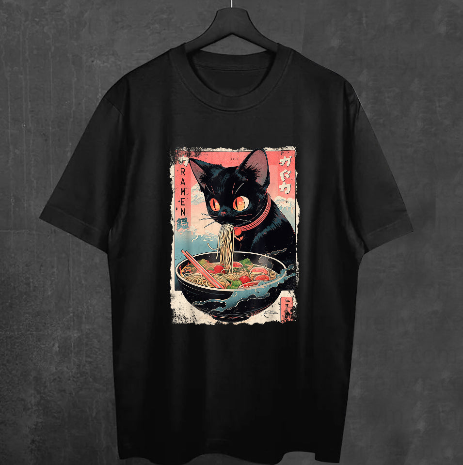 Funny Cat Ramen Graphic Tee – Kawaii Anime Style T-Shirt