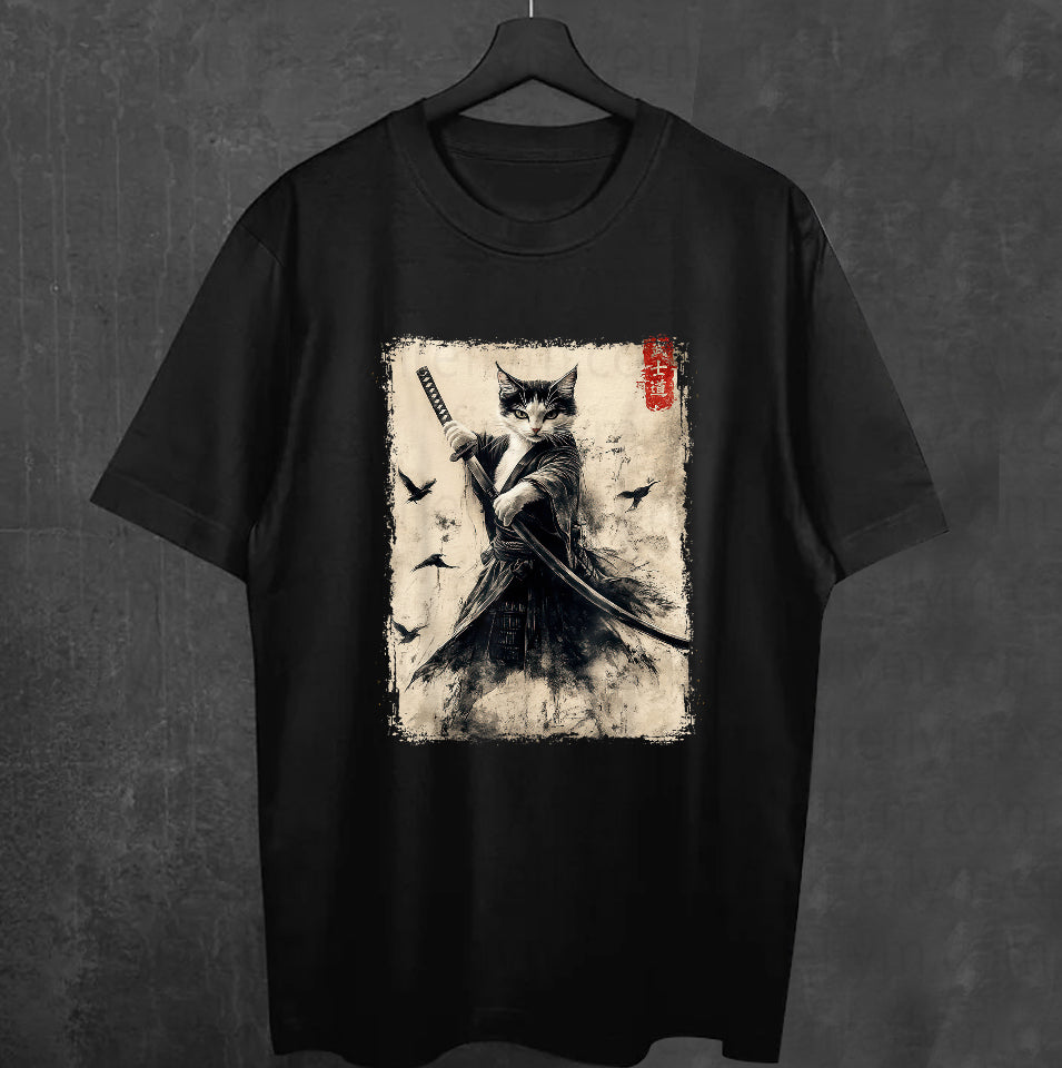 Vintage Samurai Cat Graphic Japanese Anime T-Shirt