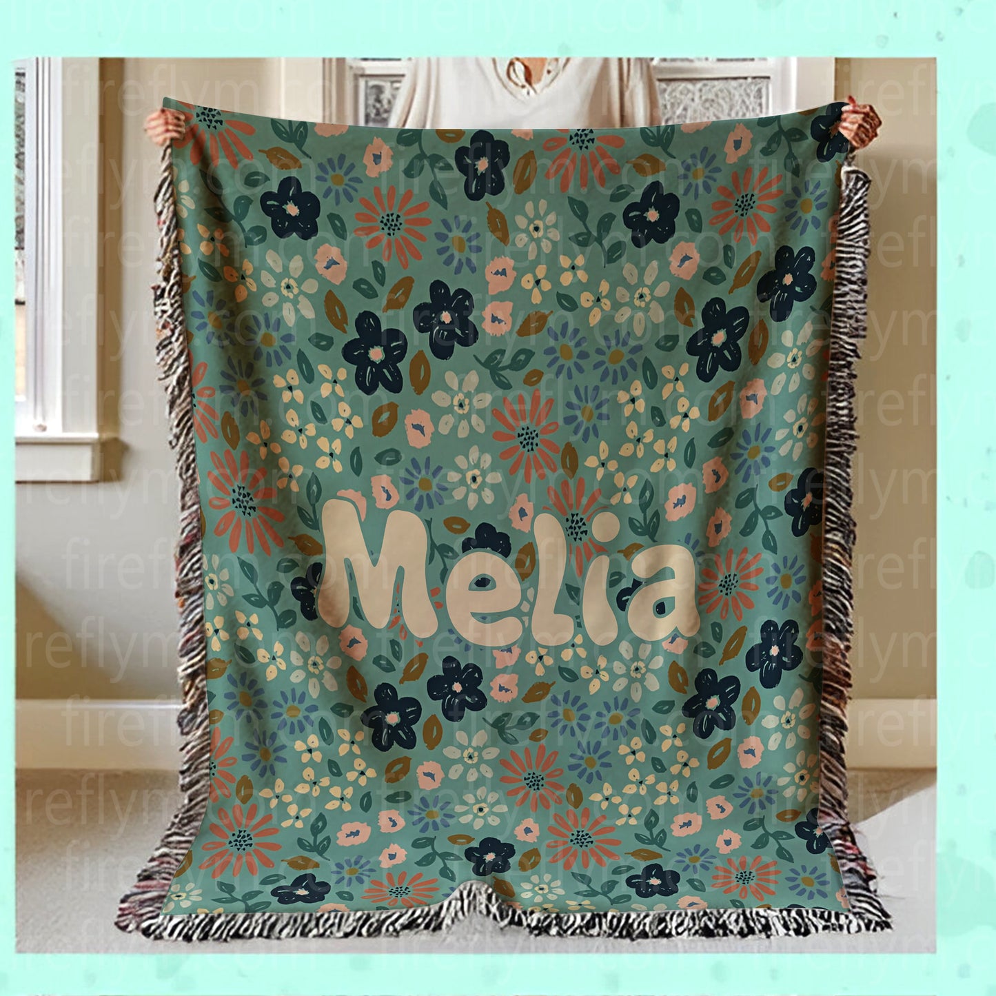 Personalized Green Painted Floral Woven Blanket, Fan Gift Woven Blanket, Hippie Floral Blanket