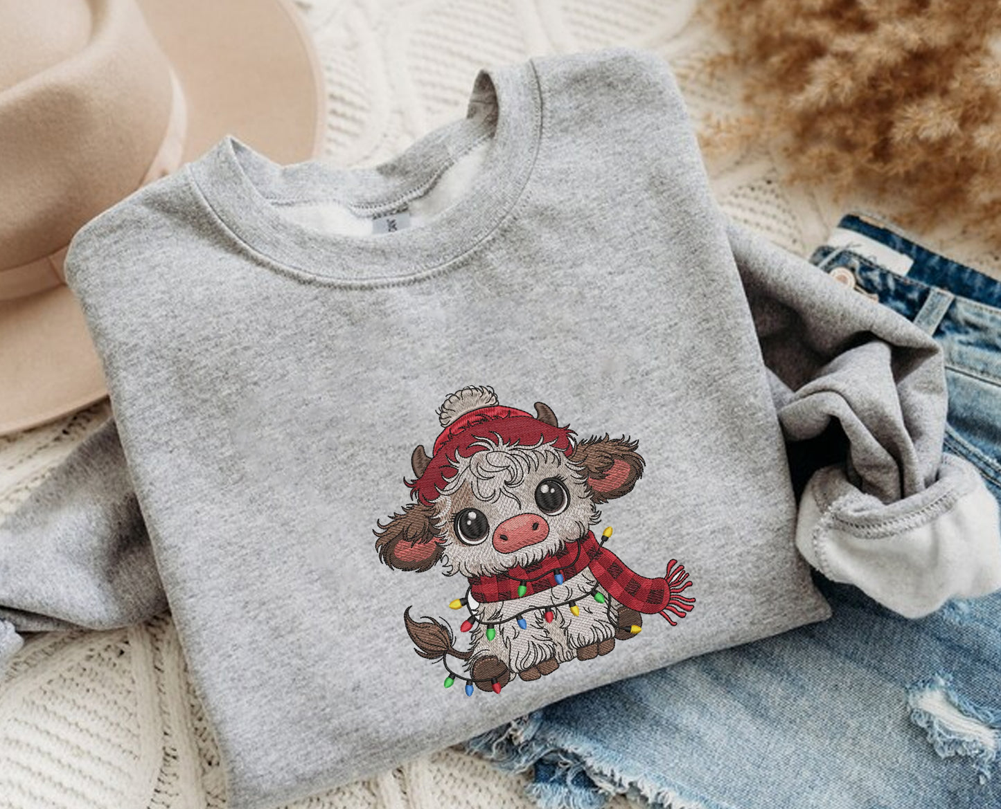 Christmas Highland Cow Embroidery Sweatshirt, Holiday Christmas Embroidery