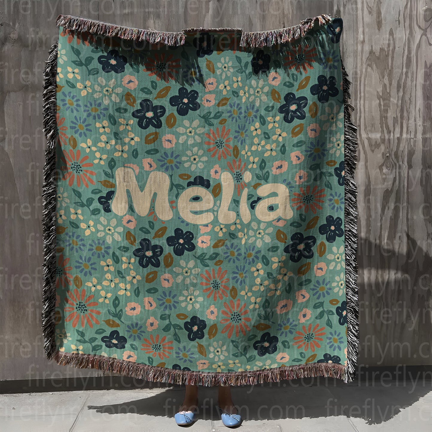 Personalized Green Painted Floral Woven Blanket, Fan Gift Woven Blanket, Hippie Floral Blanket