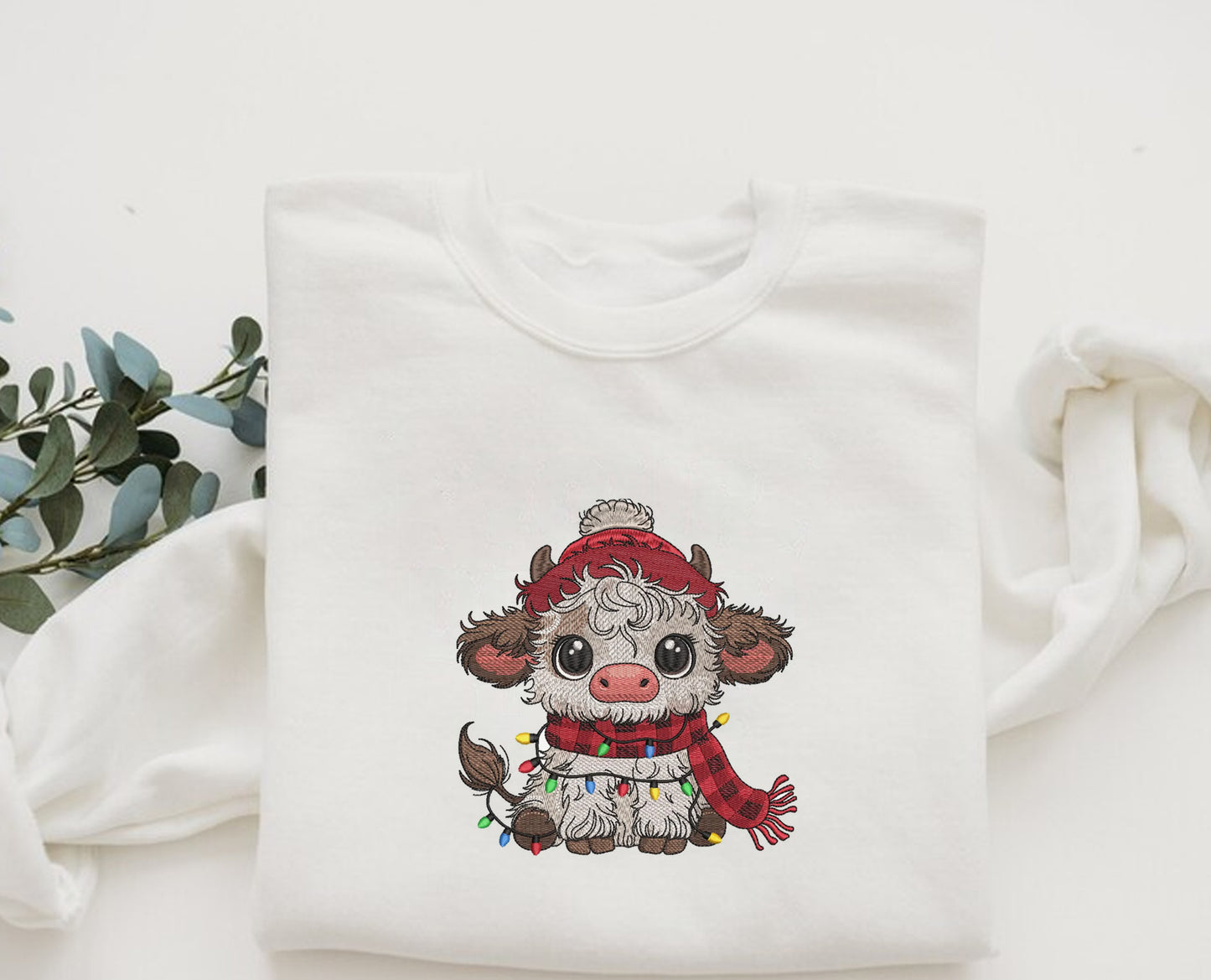 Christmas Highland Cow Embroidery Sweatshirt, Holiday Christmas Embroidery