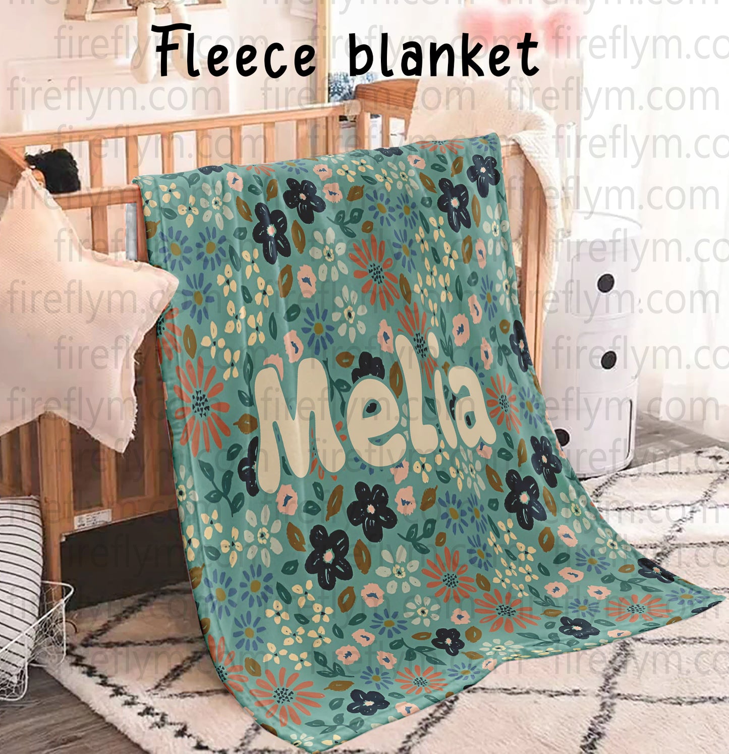 Personalized Green Painted Floral Woven Blanket, Fan Gift Woven Blanket, Hippie Floral Blanket