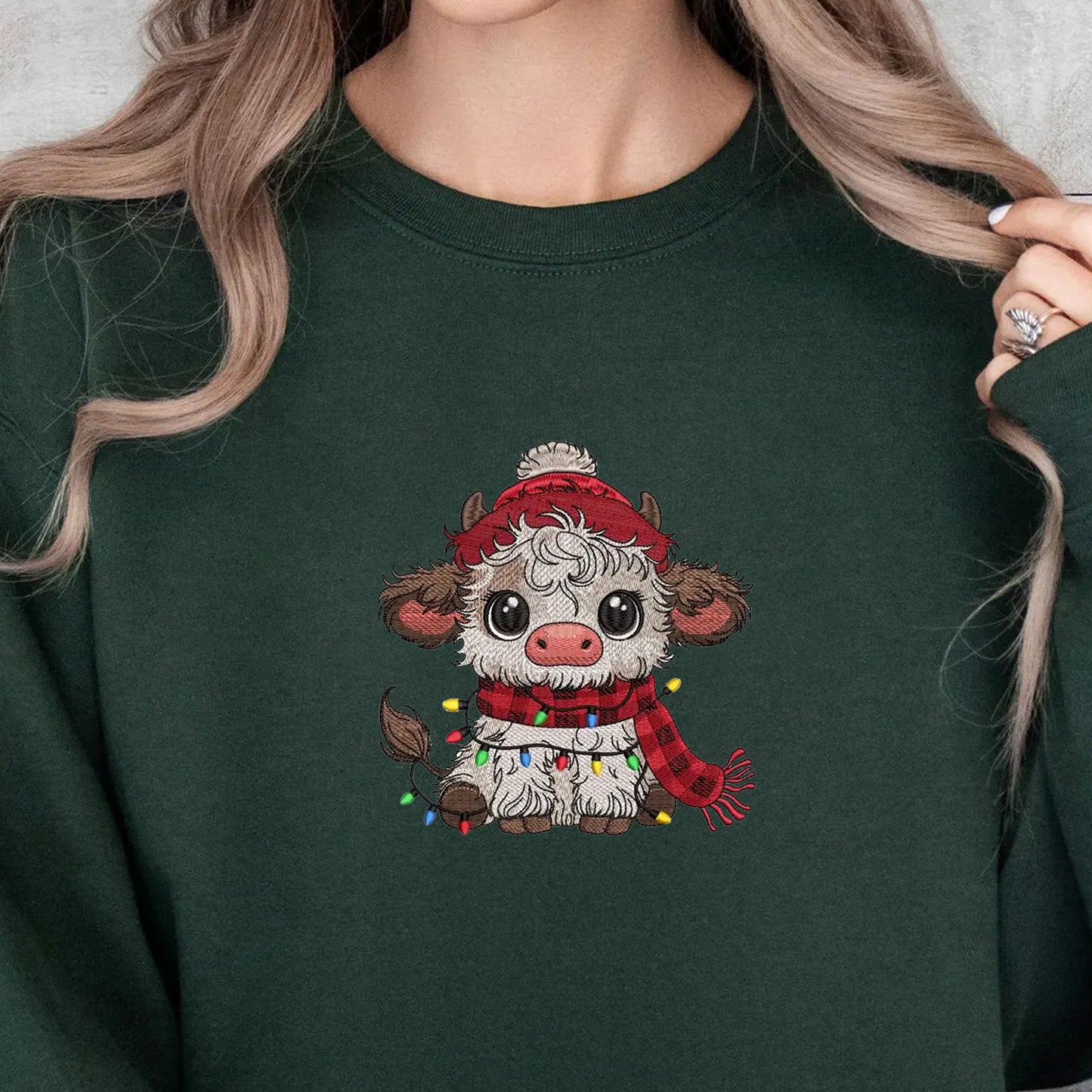 Christmas Highland Cow Embroidery Sweatshirt, Holiday Christmas Embroidery