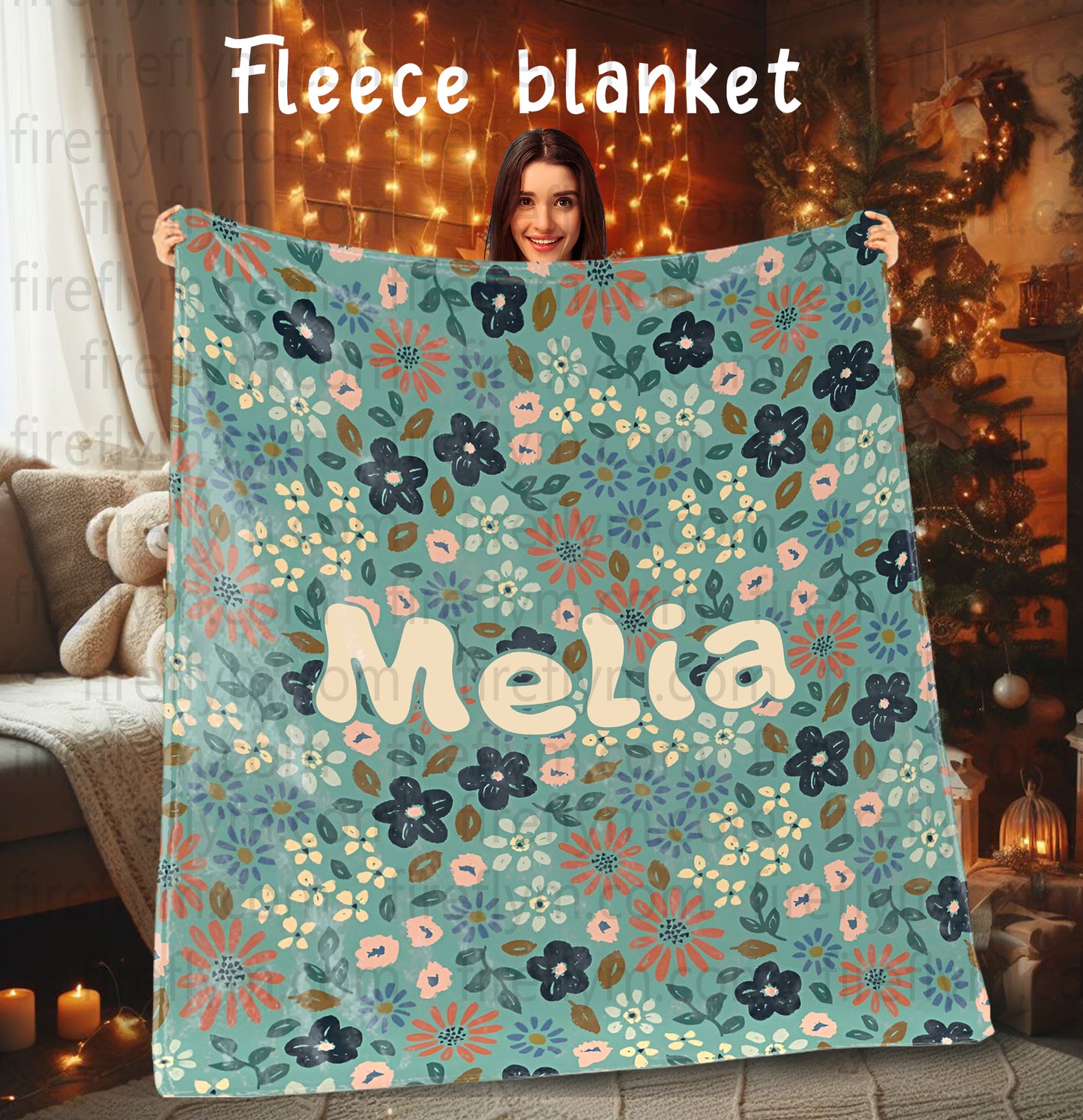 Personalized Green Painted Floral Woven Blanket, Fan Gift Woven Blanket, Hippie Floral Blanket