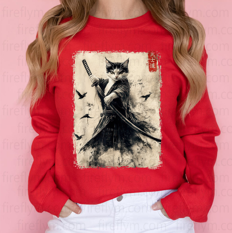 Vintage Samurai Cat Graphic Japanese Anime T-Shirt