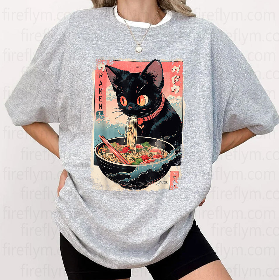 Funny Cat Ramen Graphic Tee – Kawaii Anime Style T-Shirt