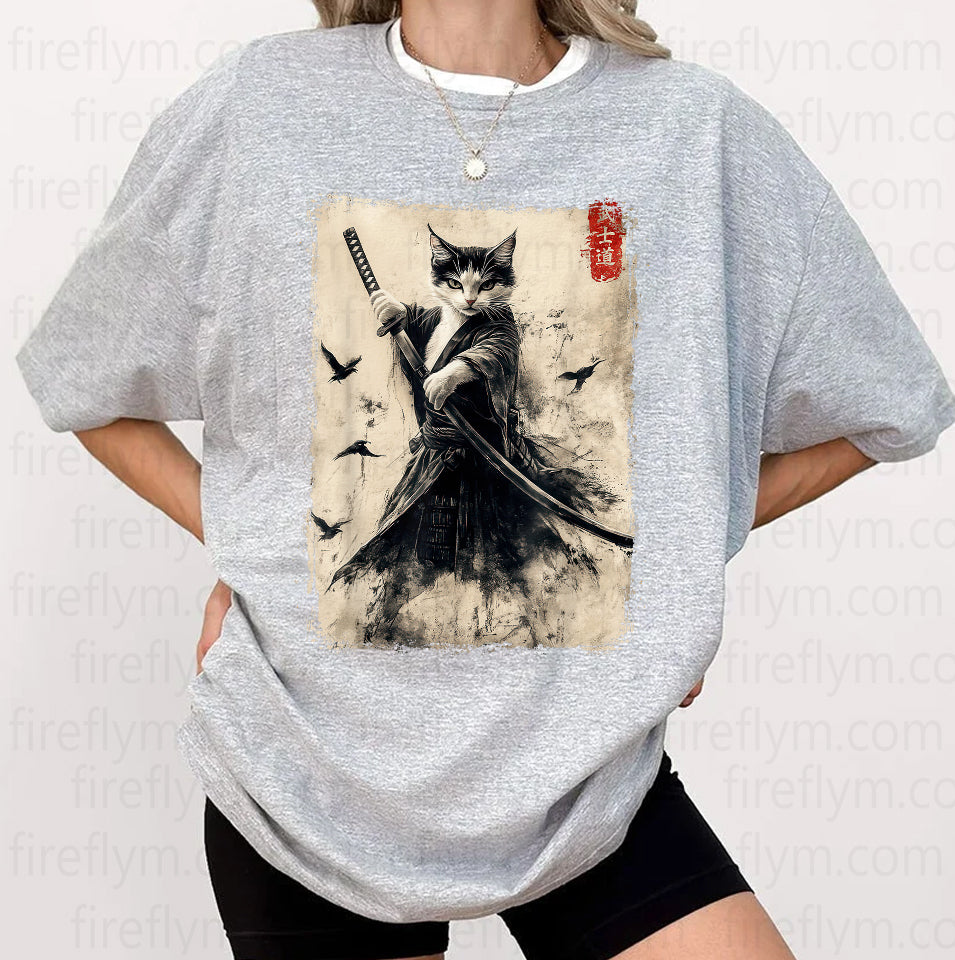 Vintage Samurai Cat Graphic Japanese Anime T-Shirt