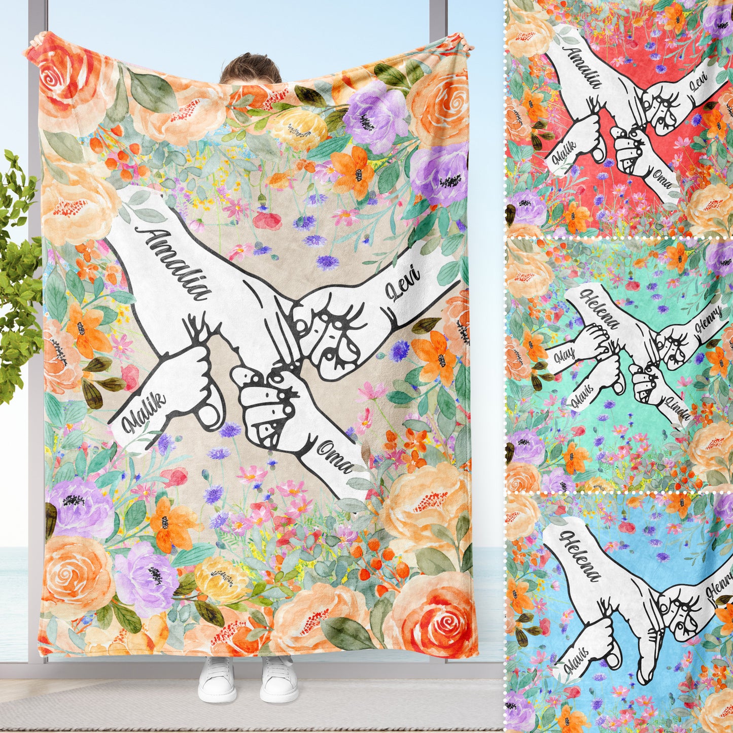 Custom Holding Mom's Hand Blanket, Personalized Moms Garden Flower Blanket with Kid Names, Mothers Day Gift, Grandma Gift,Anniversary Family