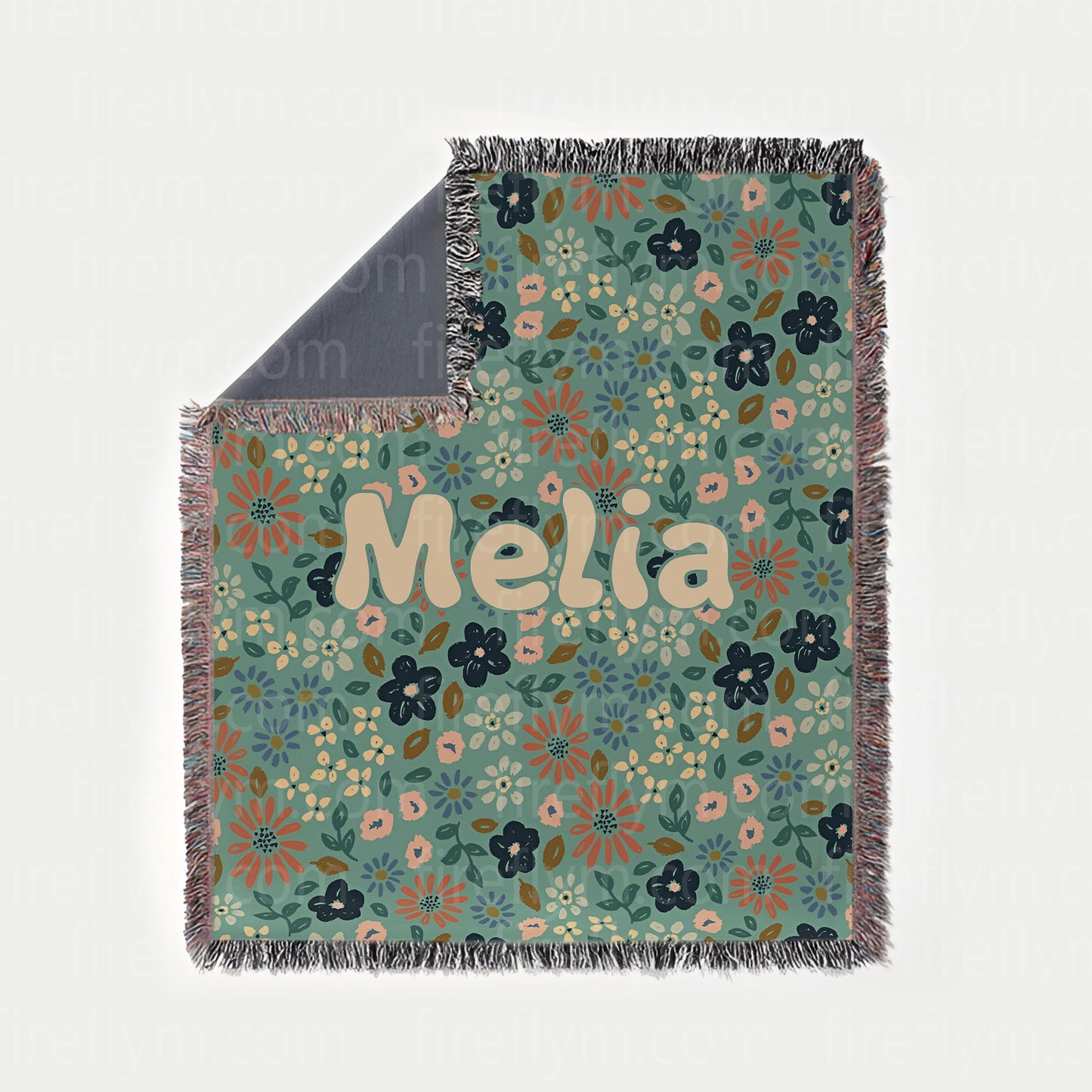 Personalized Green Painted Floral Woven Blanket, Fan Gift Woven Blanket, Hippie Floral Blanket