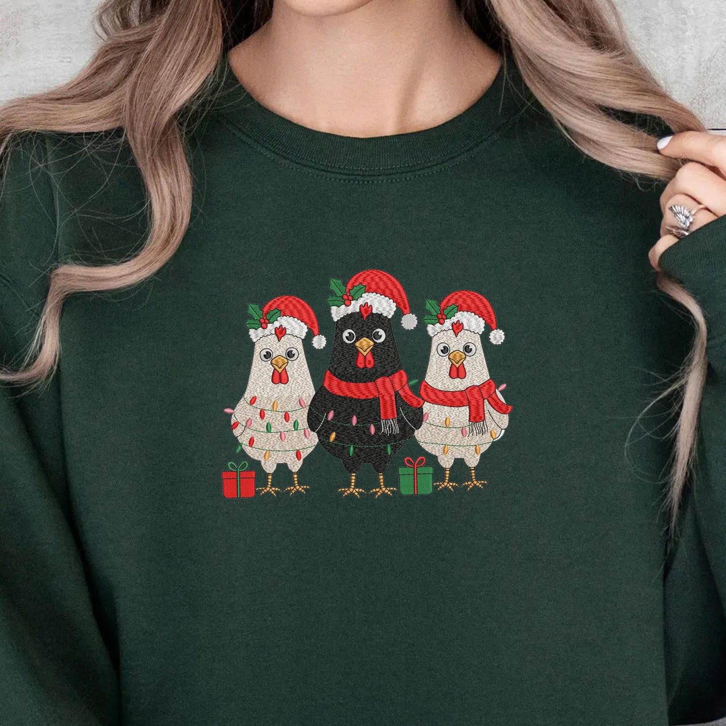 Funny Chicken Embroidery Sweatshirt, Holiday Christmas Embroidery