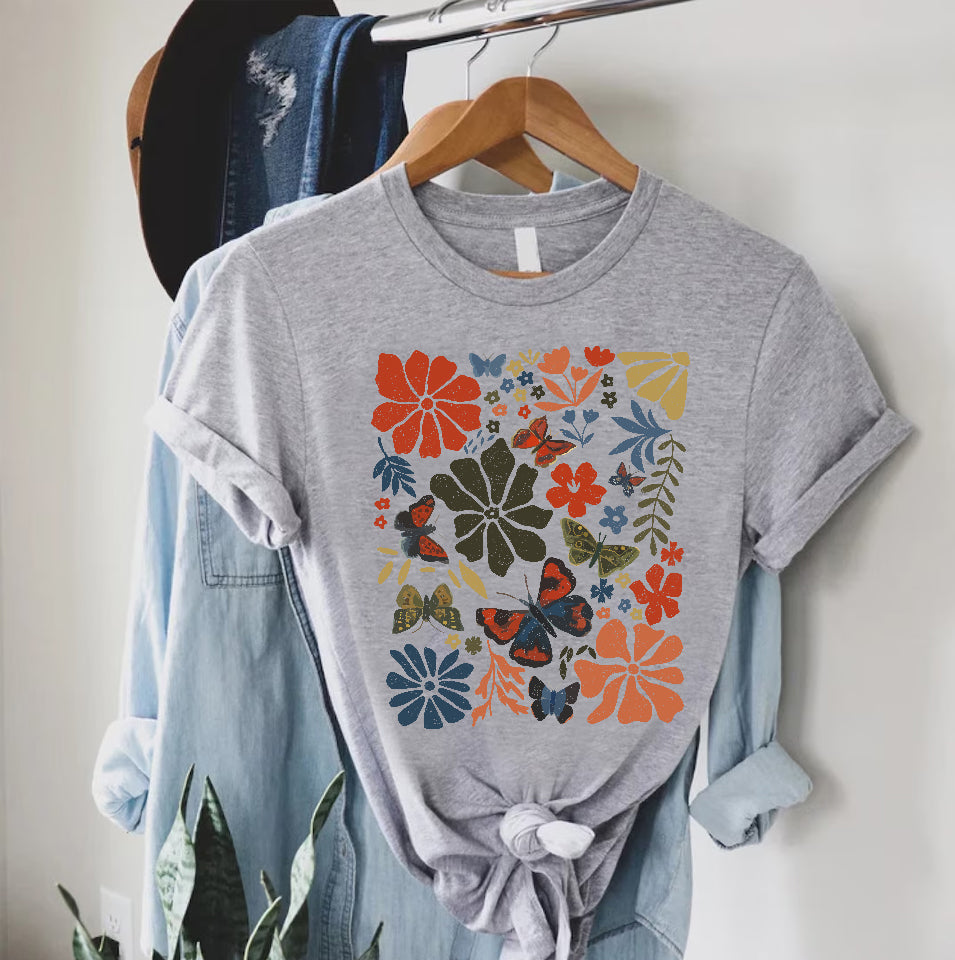 Monarch Butterfly Shirt, Vintage Wash Boho Butterfly Botanical Graphic T-shirt