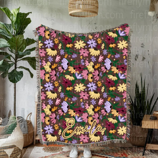 Personalized Painted Floral Woven Blanket, Fan Gift Woven Blanket, Hippie Floral Blanket