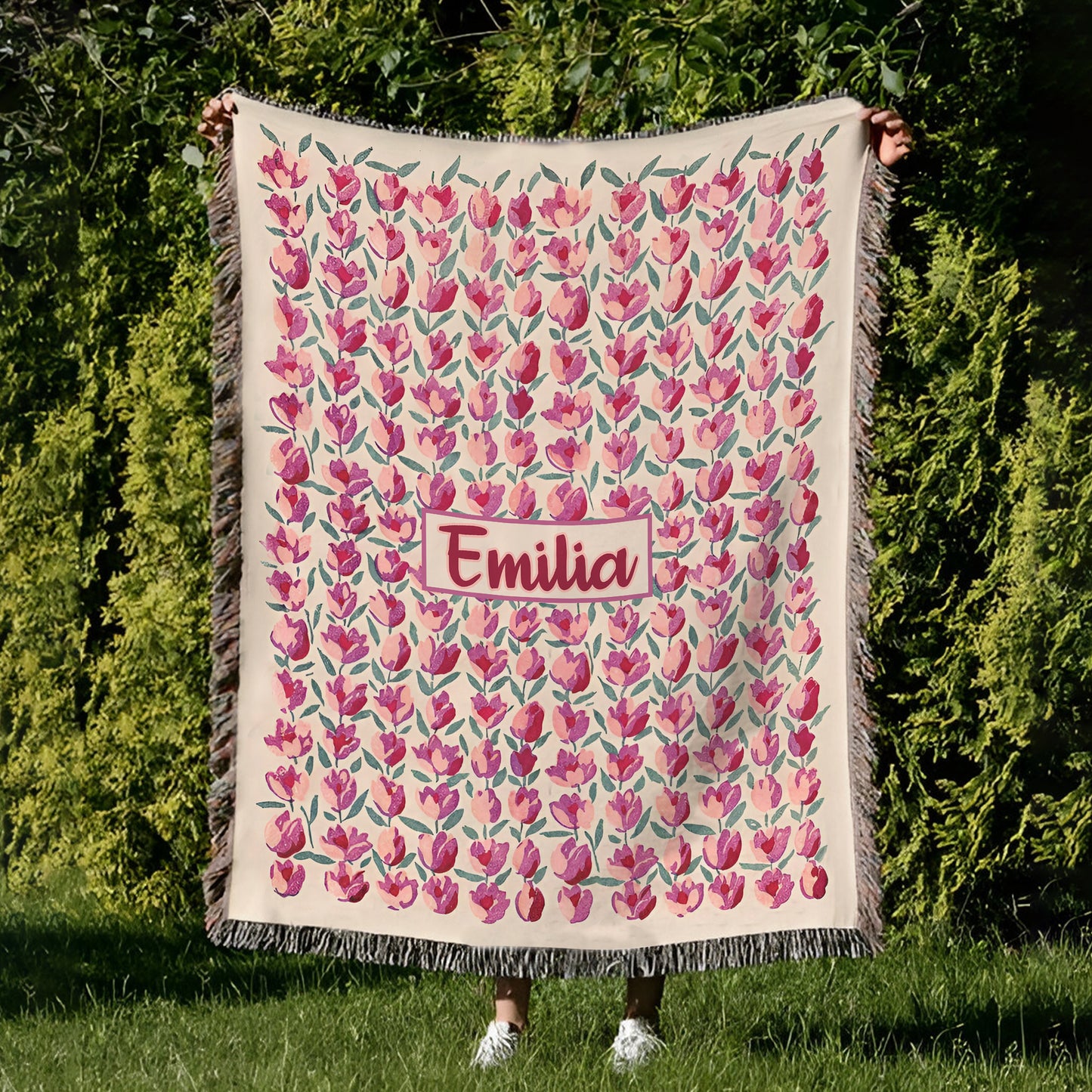 Personalized Tulip Painted Floral Woven Blanket, Fan Gift Woven Blanket, Hippie Floral Blanket