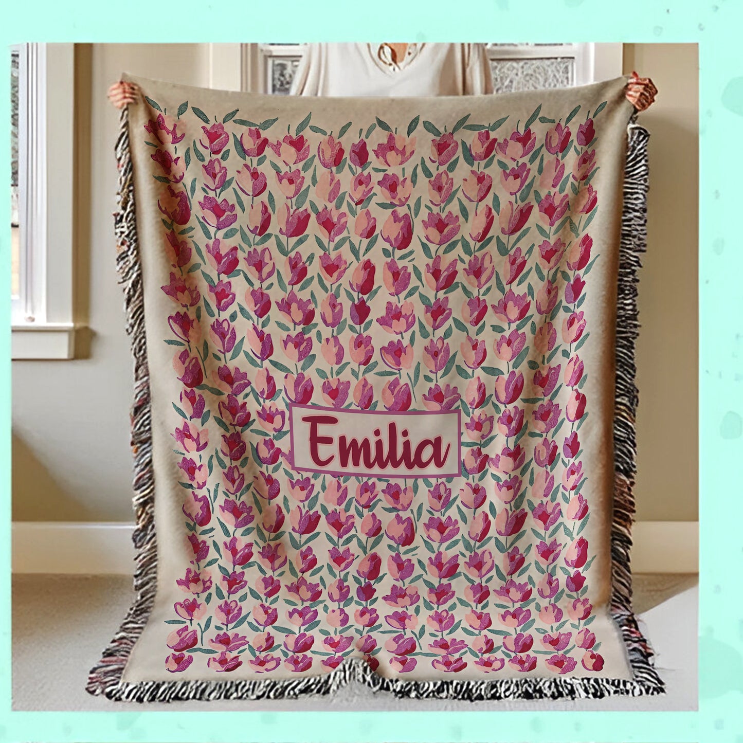 Personalized Tulip Painted Floral Woven Blanket, Fan Gift Woven Blanket, Hippie Floral Blanket