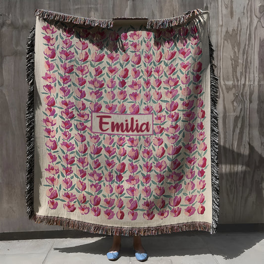 Personalized Tulip Painted Floral Woven Blanket, Fan Gift Woven Blanket, Hippie Floral Blanket