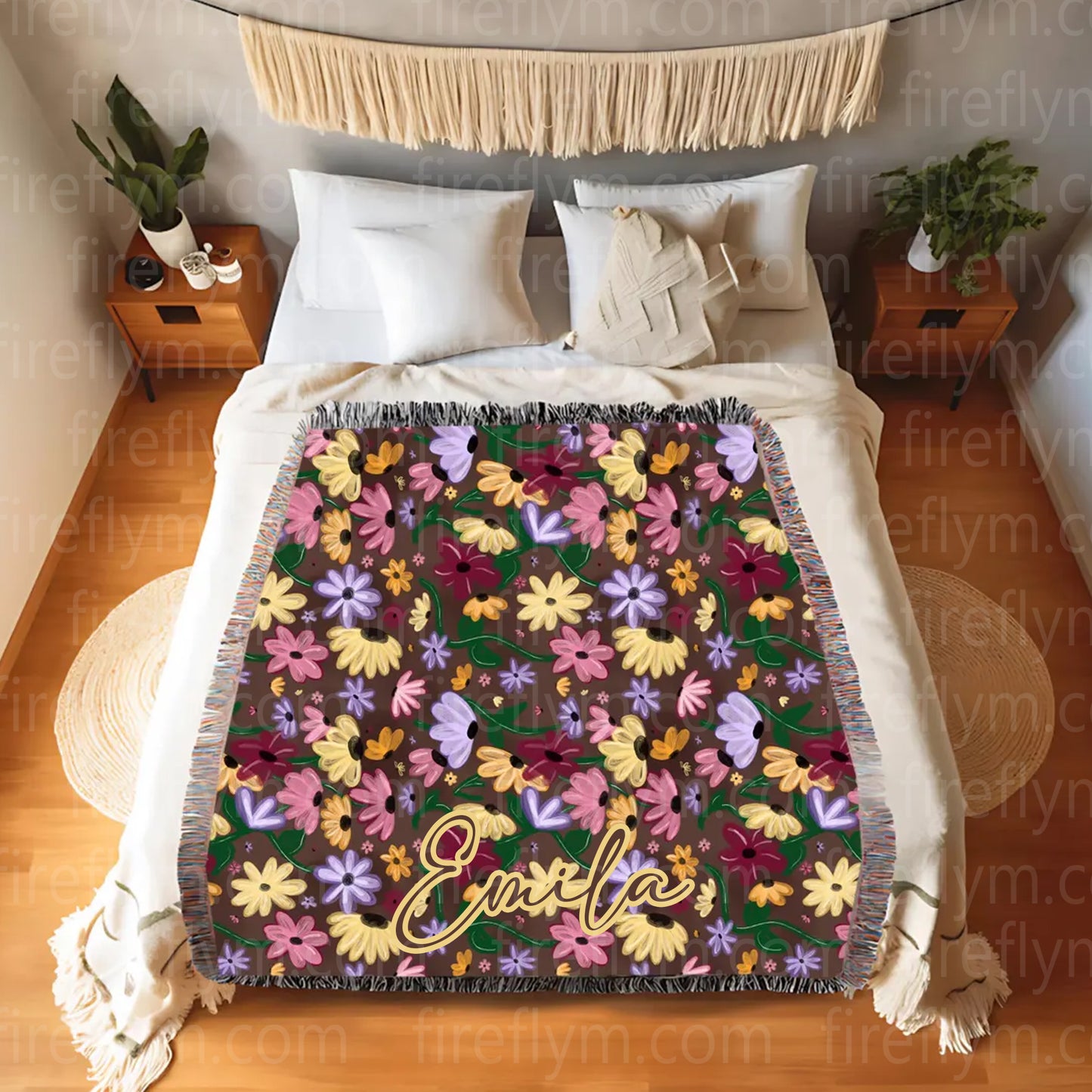 Personalized Painted Floral Woven Blanket, Fan Gift Woven Blanket, Hippie Floral Blanket