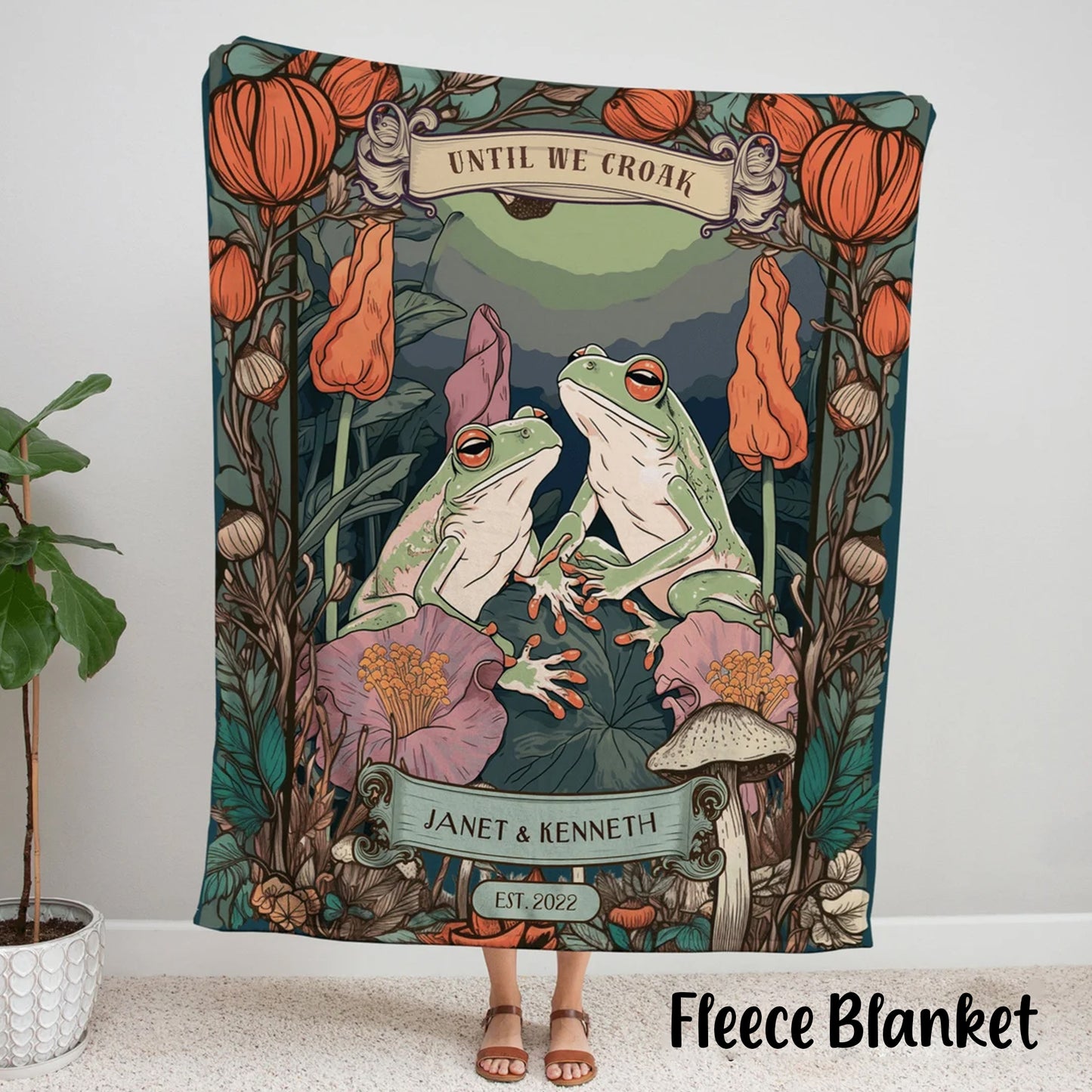 Frog Couple Tapestry | Personalized Anniversary Gift Custom Name Tapestry Woodland Blanket Woven