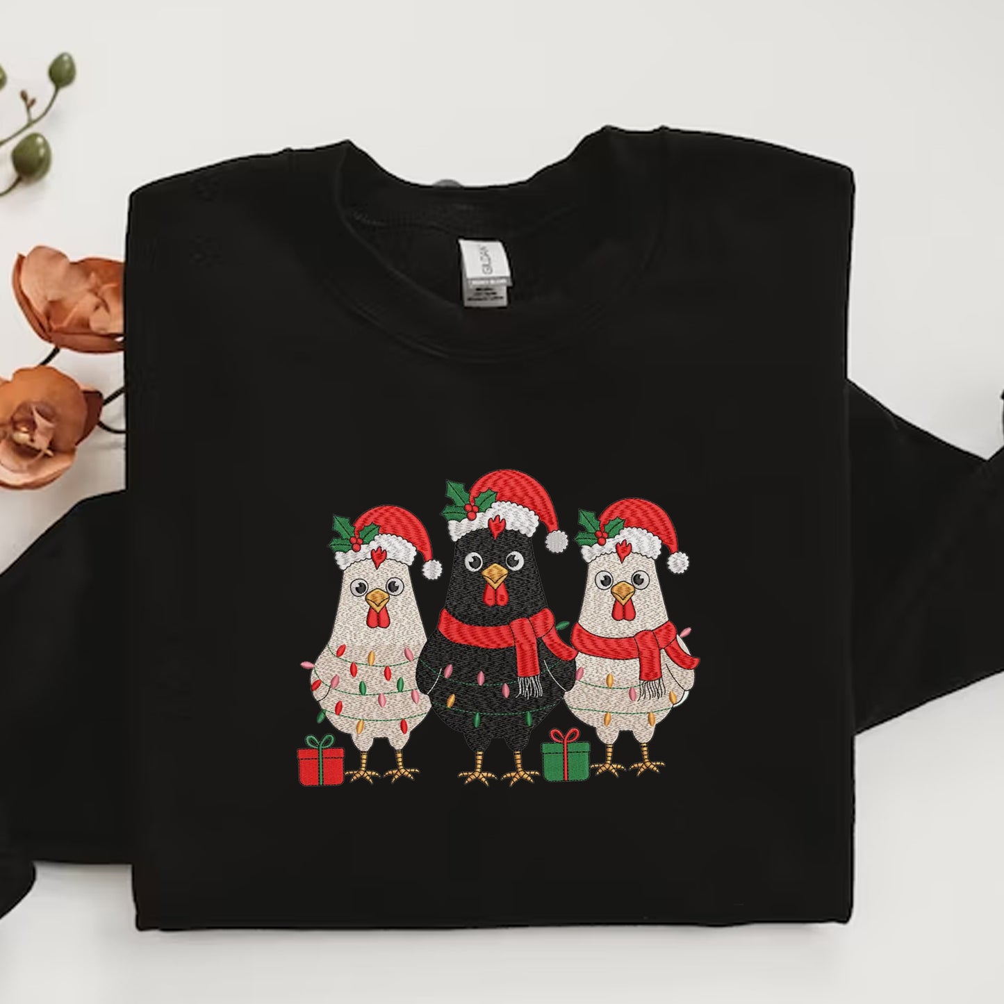 Funny Chicken Embroidery Sweatshirt, Holiday Christmas Embroidery