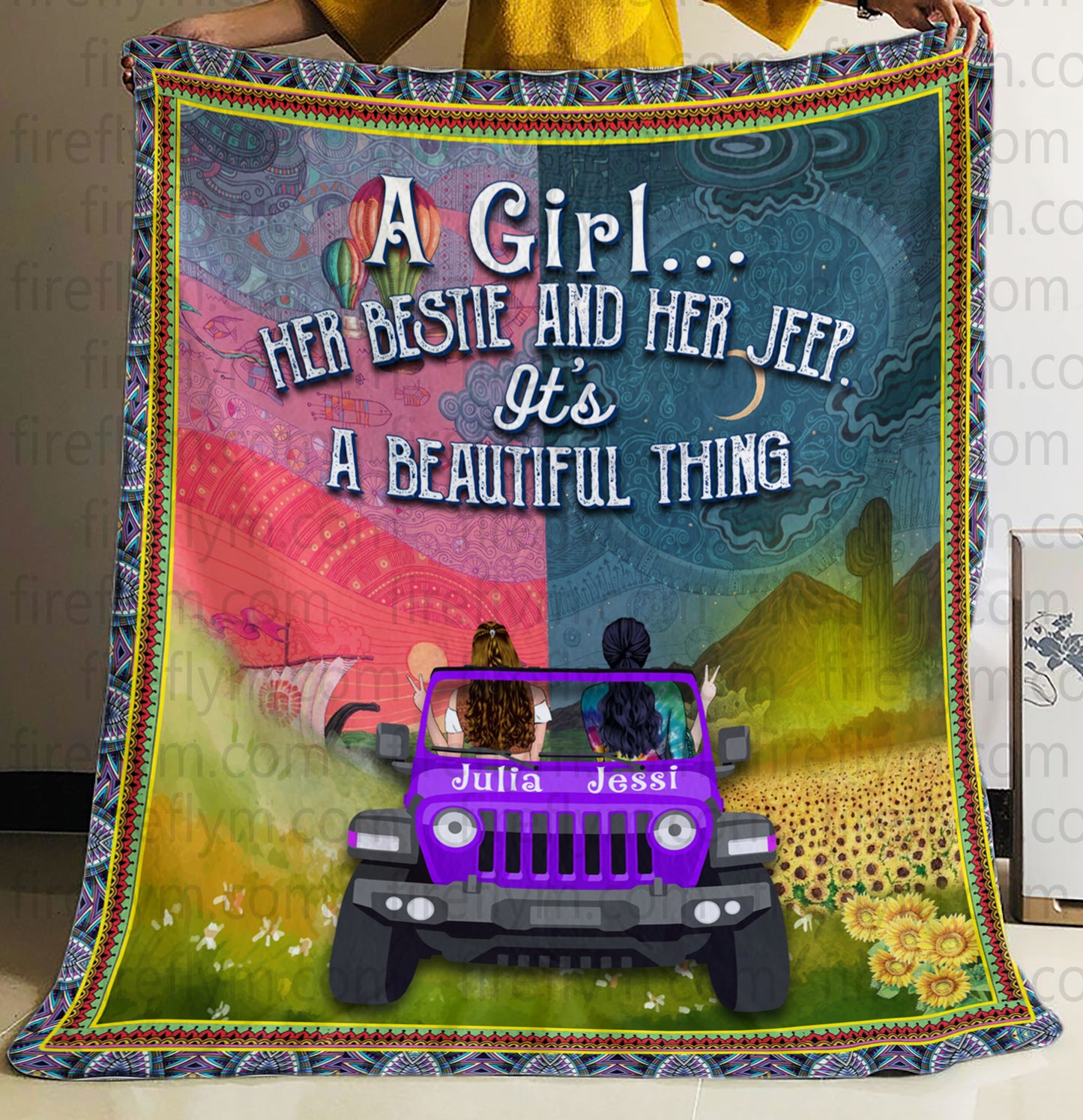 Personalized A Girl Her Bestie Her Jeep It's A Beautiful Thing Quilt Fleece Blanket