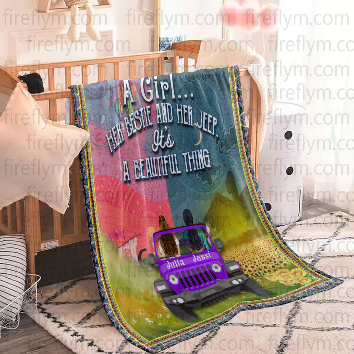 Personalized A Girl Her Bestie Her Jeep It's A Beautiful Thing Quilt Fleece Blanket