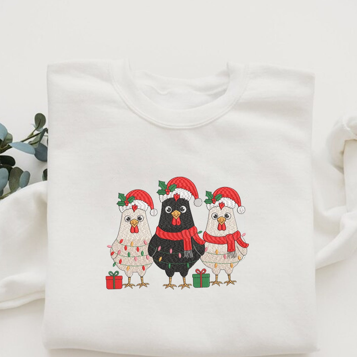 Funny Chicken Embroidery Sweatshirt, Holiday Christmas Embroidery