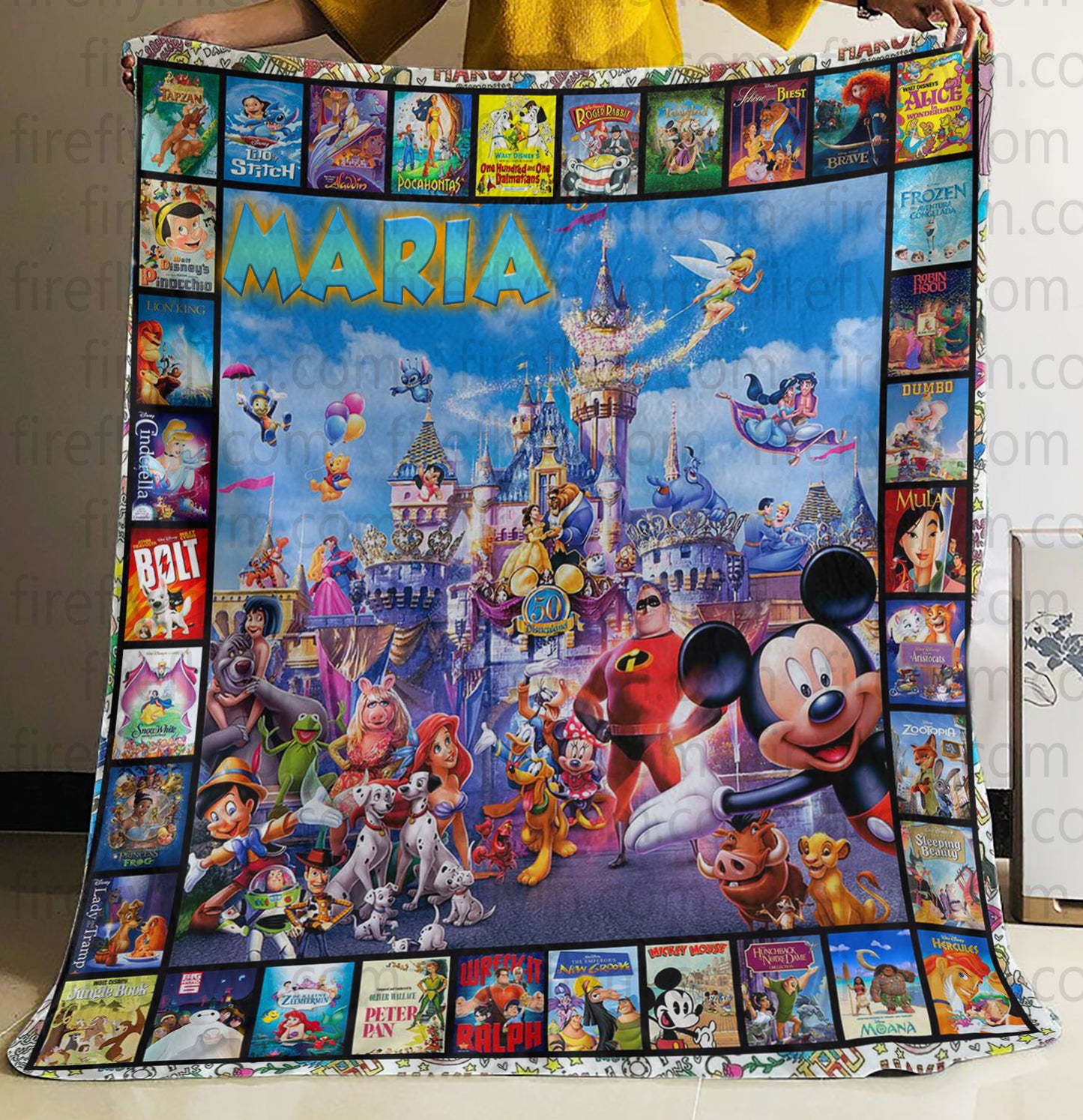 Personalized Disney Poster Quilt Fleece Blanket Bundle