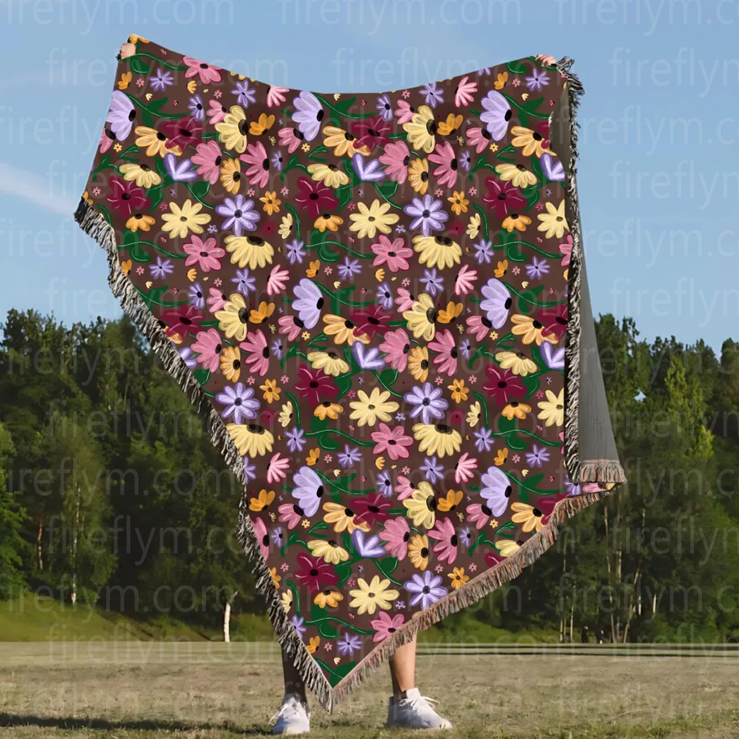 Personalized Painted Floral Woven Blanket, Fan Gift Woven Blanket, Hippie Floral Blanket