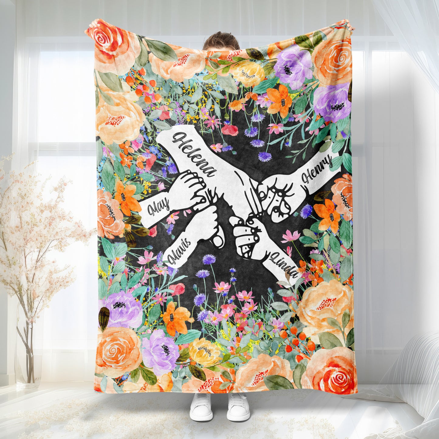 Custom Holding Mom's Hand Blanket, Personalized Moms Garden Flower Blanket with Kid Names, Mothers Day Gift, Grandma Gift,Anniversary Family