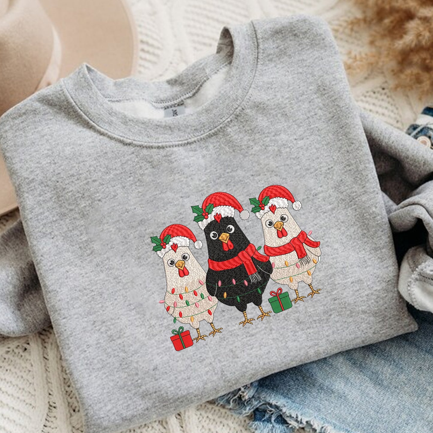 Funny Chicken Embroidery Sweatshirt, Holiday Christmas Embroidery