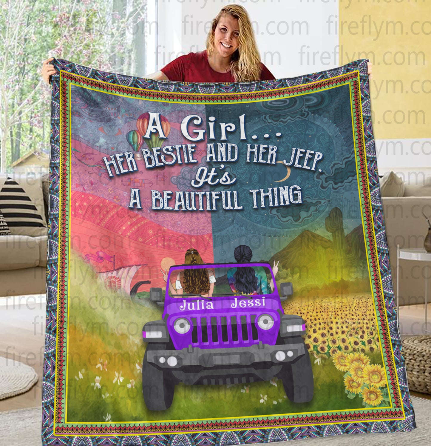 Personalized A Girl Her Bestie Her Jeep It's A Beautiful Thing Quilt Fleece Blanket