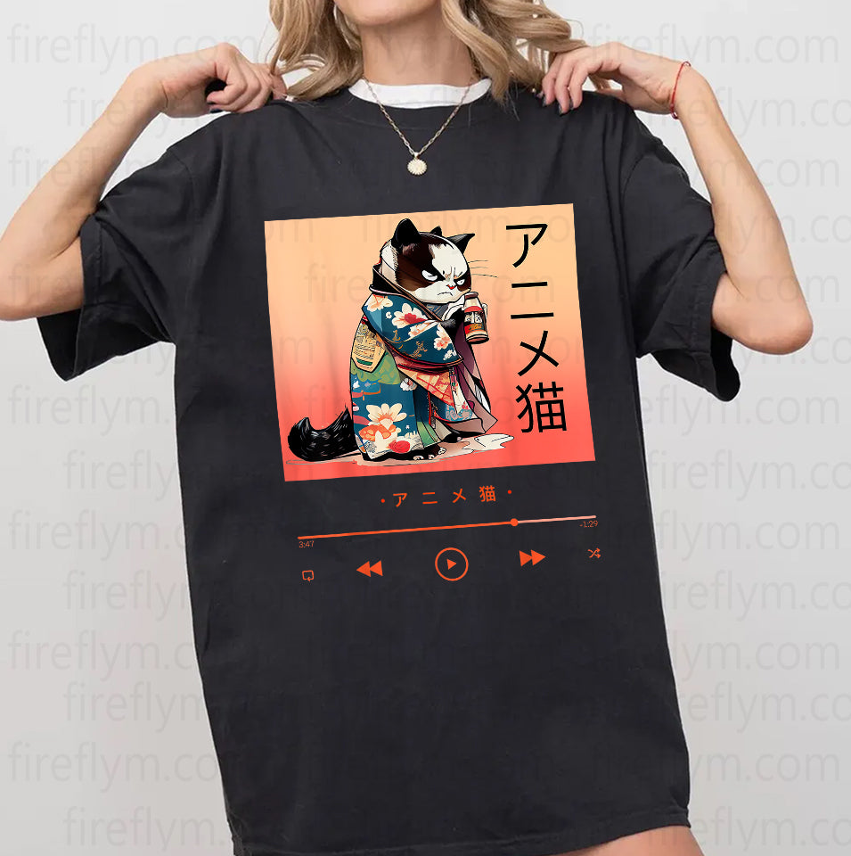 Kawaii Anime Cat Wearing Japanese Kimono T-Shirt