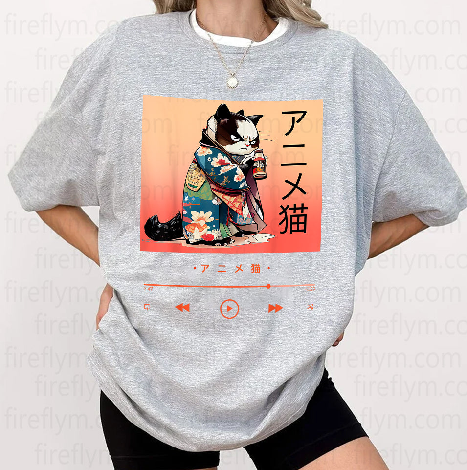 Kawaii Anime Cat Wearing Japanese Kimono T-Shirt