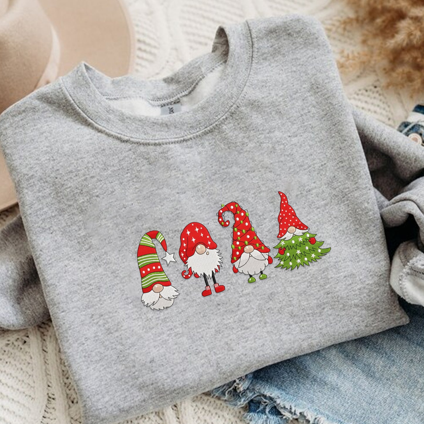 Christmas Gnomes Embroidery Sweatshirt, Holiday Christmas Embroidery