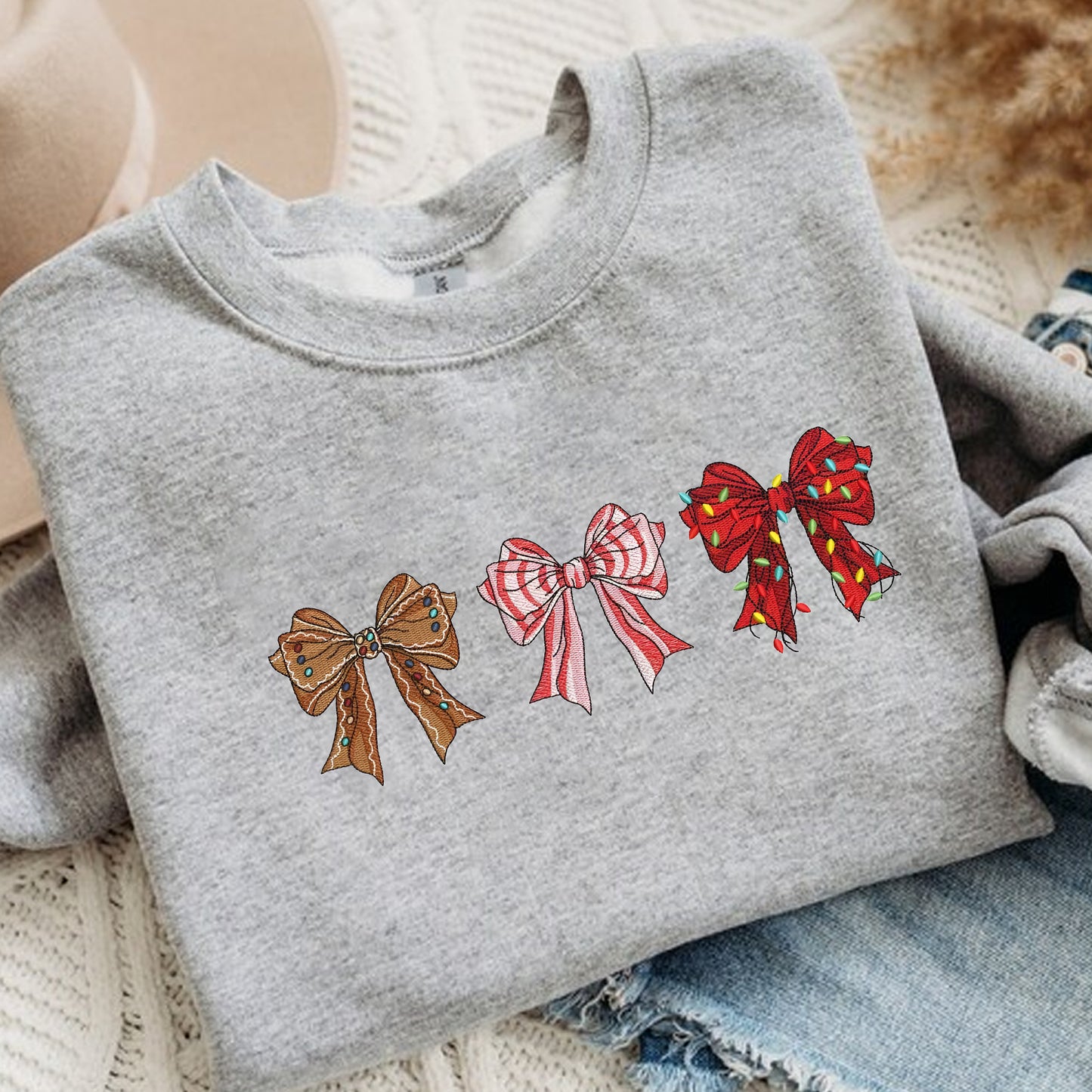 Christmas Coquette Bows Embroidery Sweatshirt, Christmas Light Bow Embroidery