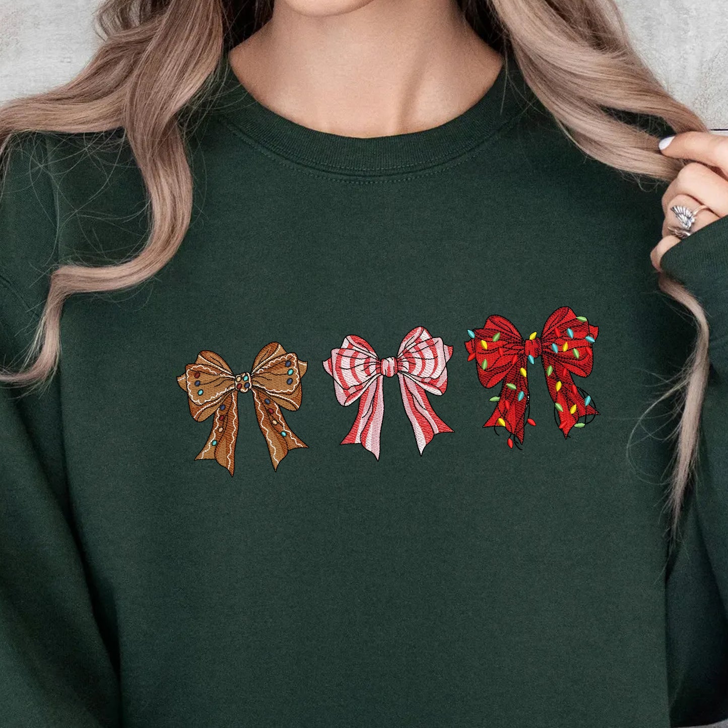 Christmas Coquette Bows Embroidery Sweatshirt, Christmas Light Bow Embroidery