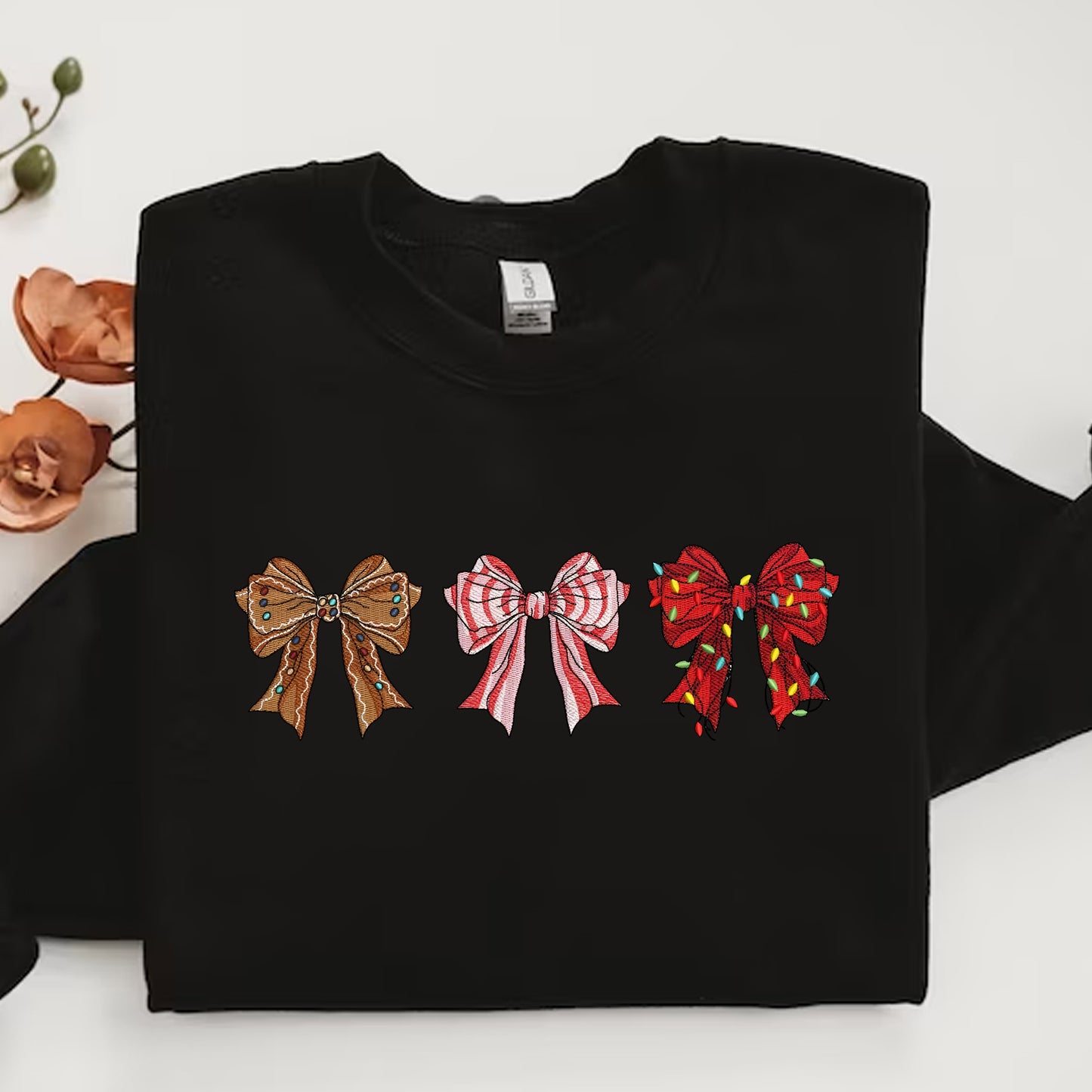 Christmas Coquette Bows Embroidery Sweatshirt, Christmas Light Bow Embroidery