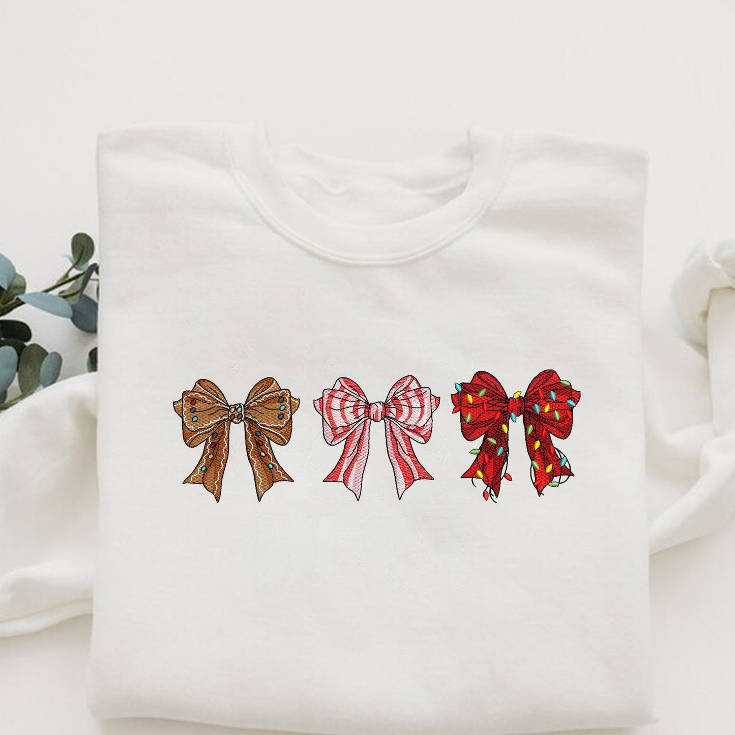 Christmas Coquette Bows Embroidery Sweatshirt, Christmas Light Bow Embroidery