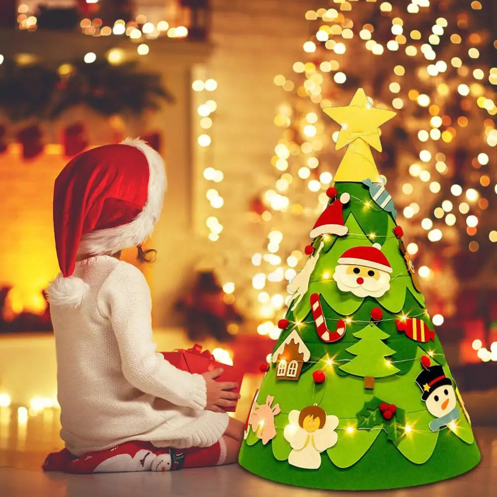 1 Set Felt Christmas Tree 3D DIY Xmas Tree Set With 32 Ornaments Kids Montessori Toy For Toddlers Holiday Home Table Decoration