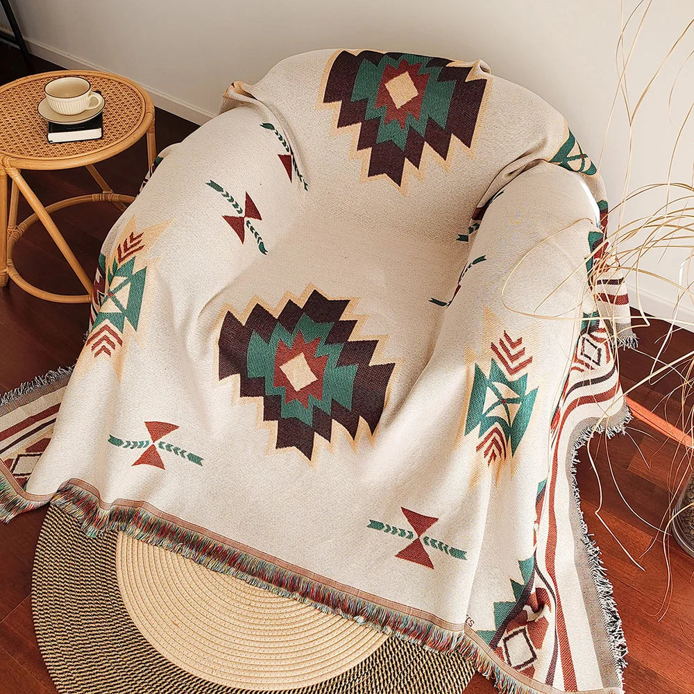 Oversized Boho Throw Blanket with Fringe, Southwestern Geometric Tapestry Vintage Woven Throw Blankets, Double-Si